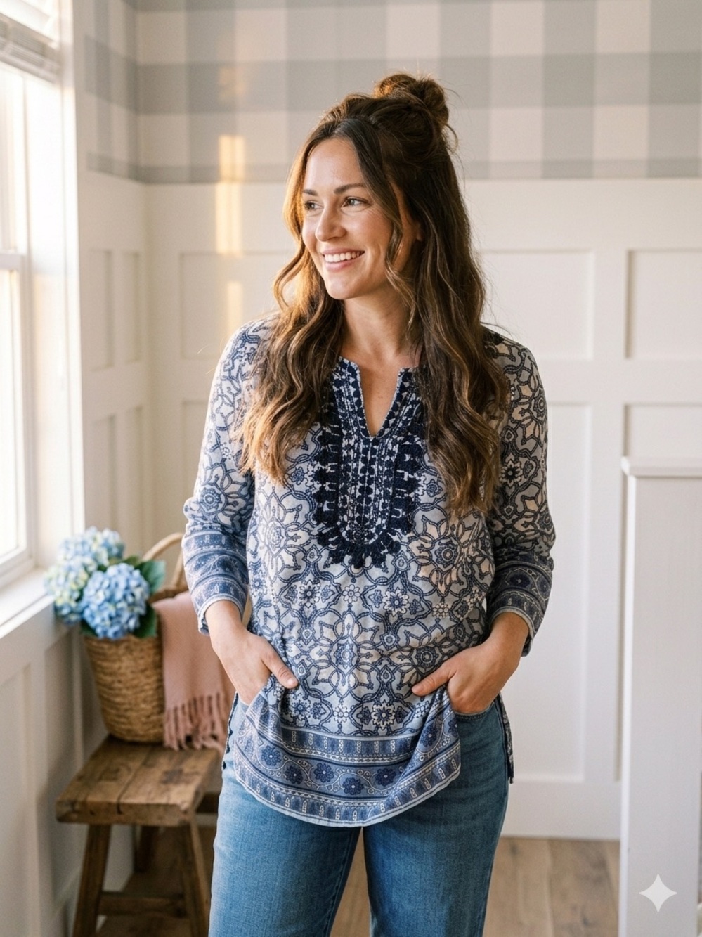 Charter Club Navy and White Printed Long-Sleeve Tunic with Embroidered Yoke Smal